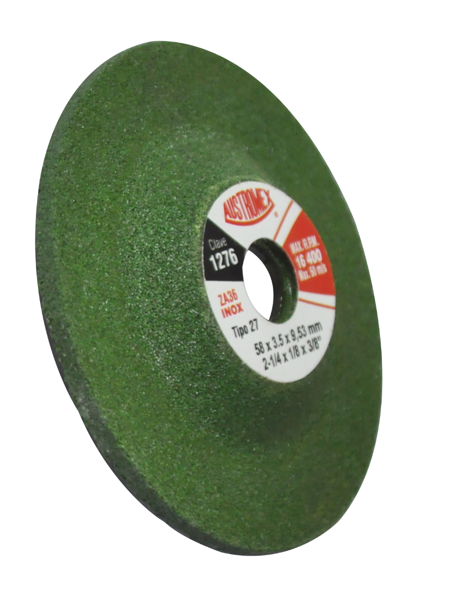 Abrasive disc for grinding carbon steel, stainless steel, and aluminum. Ideal for removing and grinding weld seams, as well as beveling. Offers long life, reduces heat wear, and the operator experiences less fatigue. 2