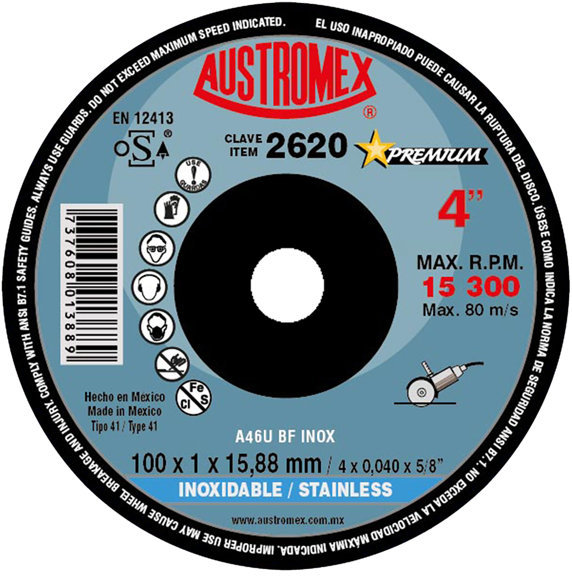 Abrasive cutting disc for stainless steel with dimensions of 100 x 1 x 15.88 mm. Offers maximum cutting power and speed, with minimal burr development and cold cutting. Very safe for use in angle grinders.