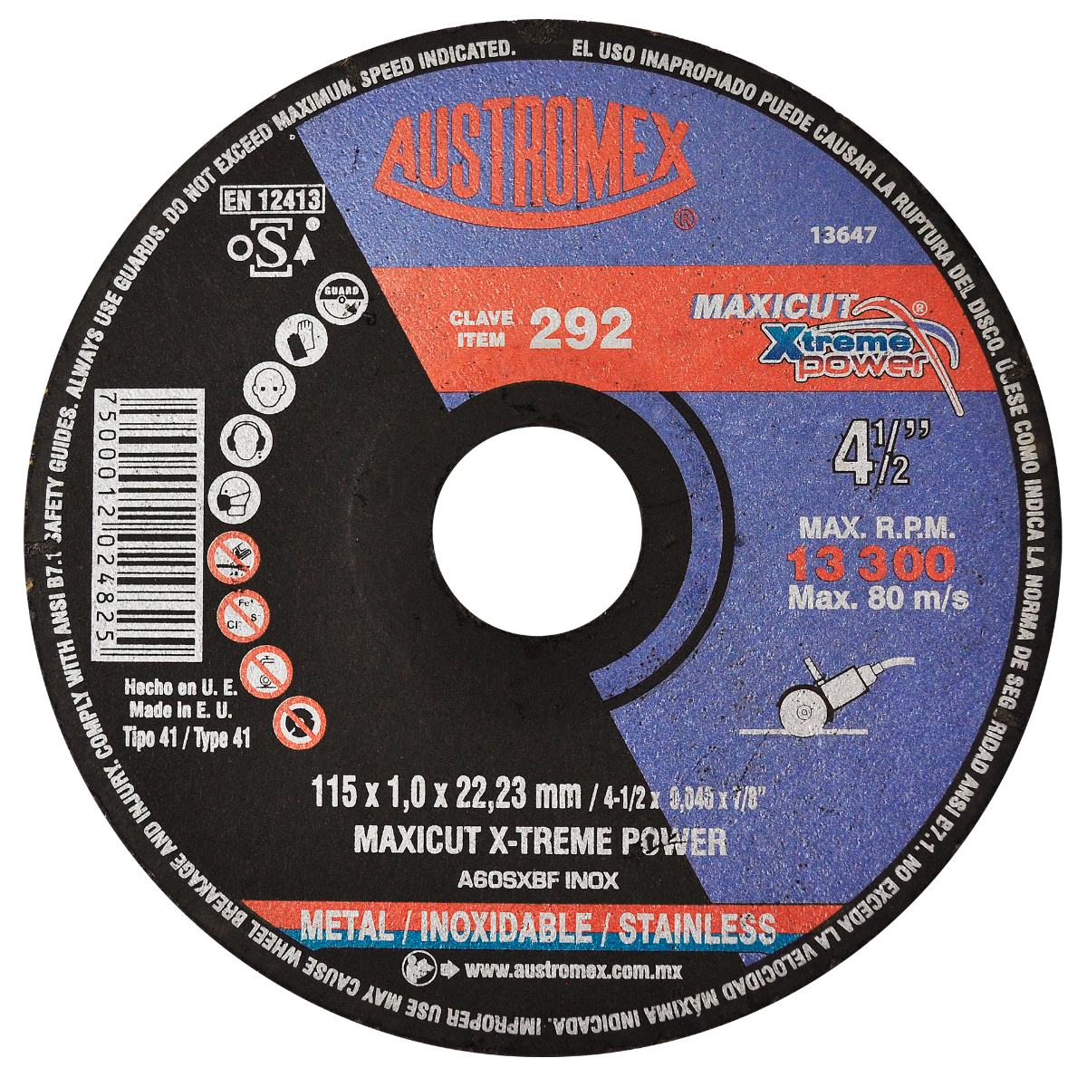 Abrasive disc for cutting carbon steel and stainless steel. Offers low burr development, high cutting speed, clean and precise cuts, long durability, high performance, and cold cutting.