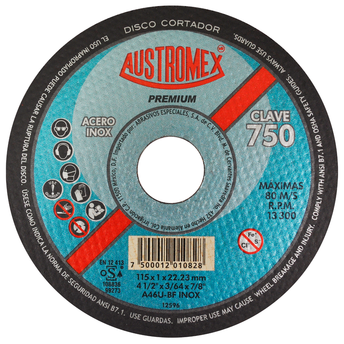 Abrasive cutting disc for stainless steel, measuring 115 x 1.0 x 22.23 mm, designed for use with an angle grinder. It provides maximum cutting power and speed with minimal burr development, ensuring a cold and safe cut.