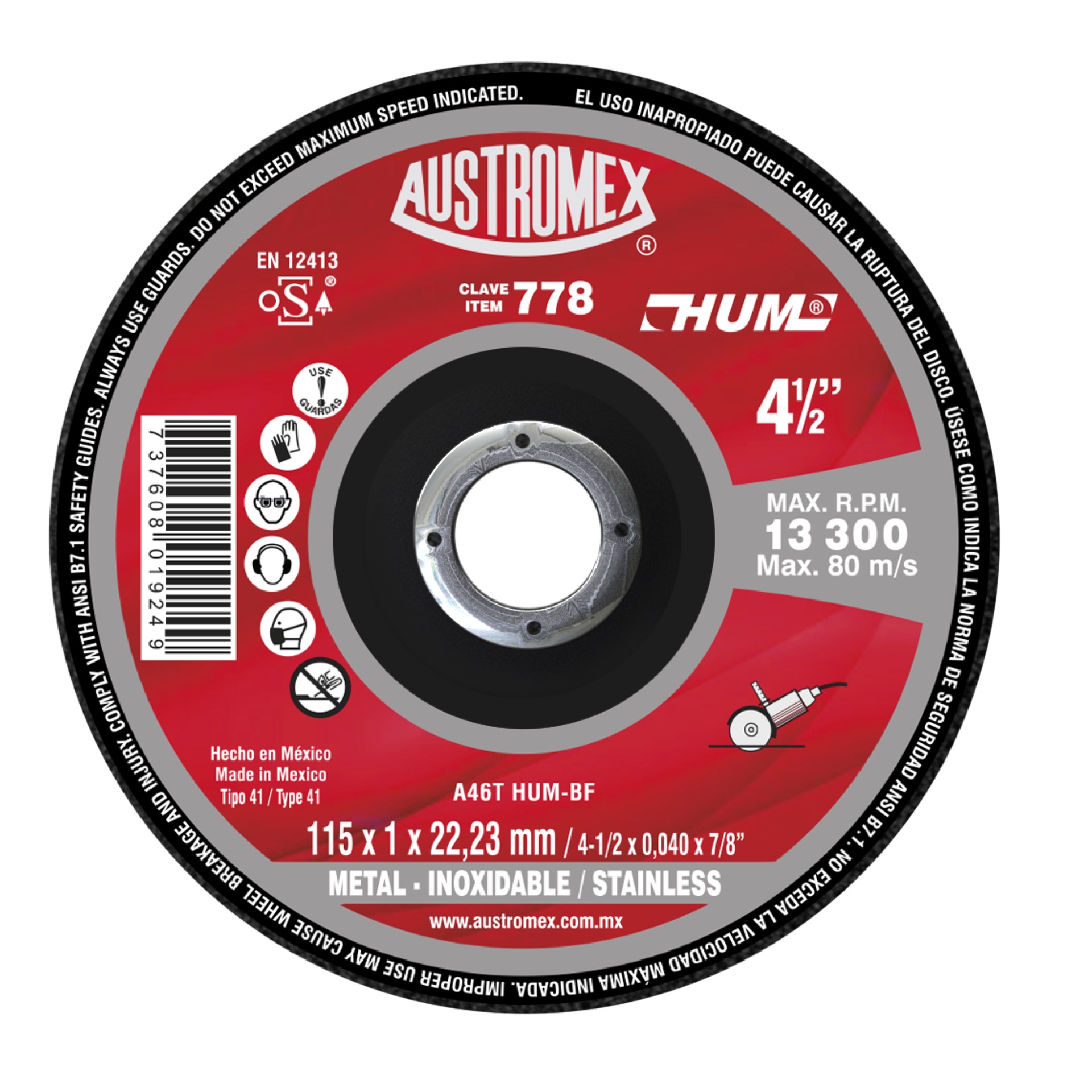Abrasive disc of 115 x 1 x 22.23 mm for cutting carbon steel, stainless steel, and metals. Produces minimal burrs. High cutting speed. Cold cutting. Excellent price-performance ratio (70% + performance).